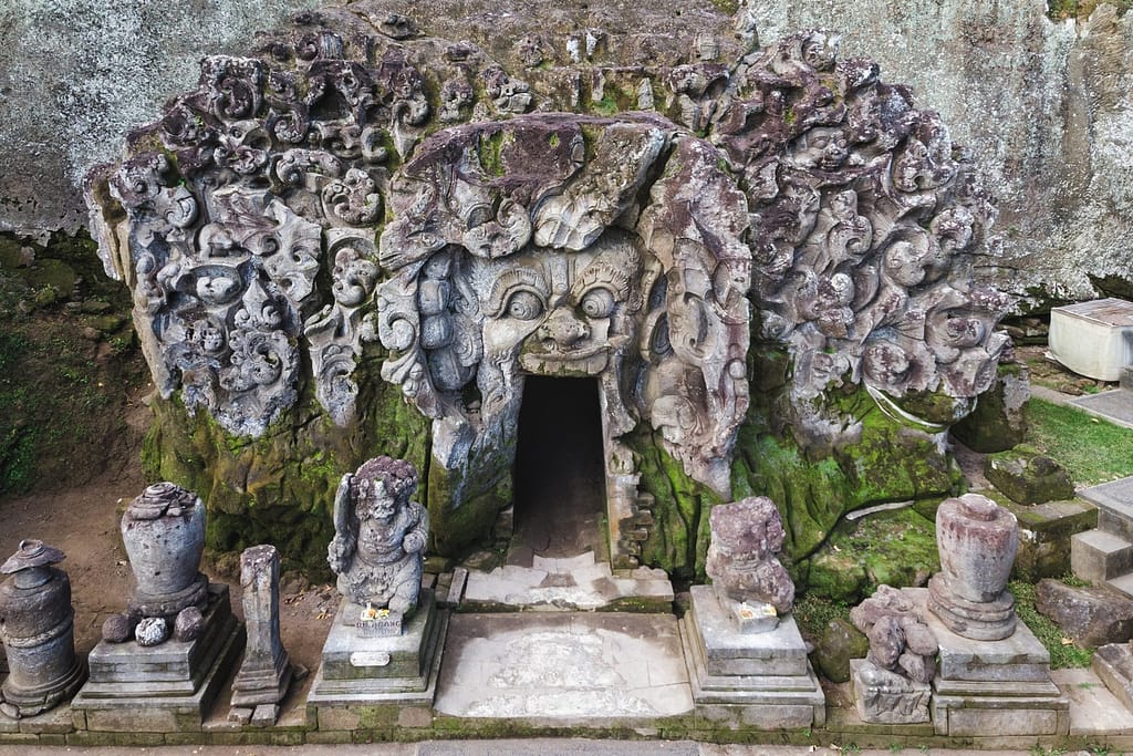 High angle view of the ancient Goa Gajah Elephant Cave temple in Ubud, Indonesia.