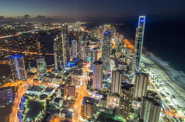 Aerial view of Surfers Paradise, the Gold Coast at night
