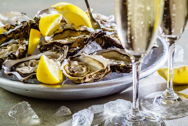 Freshly-shucked oysters and champagne